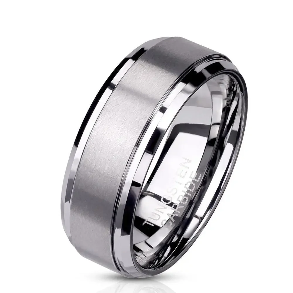 Brushed Center Stepped Edges Tungsten Carbide‎ Ring 8mm width size 9
